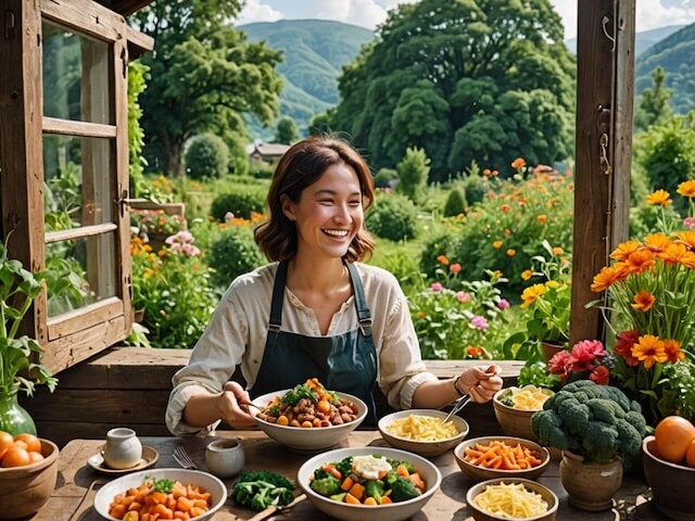 野菜をたっぷり食べる女性