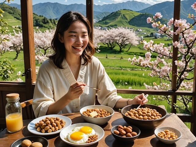 アーモンドや卵を食べる女性