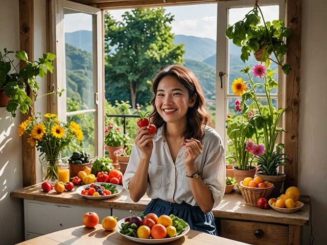 部屋で葉酸が豊富な野菜や果物を食べる女性