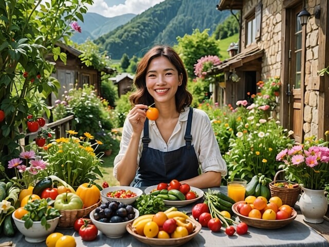 葉酸が多い野菜や果物を食べる女性