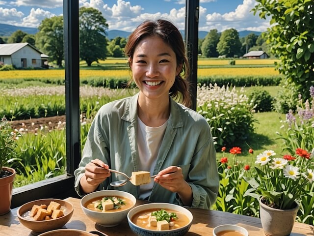 豆腐と味噌汁を食べる笑顔の女性