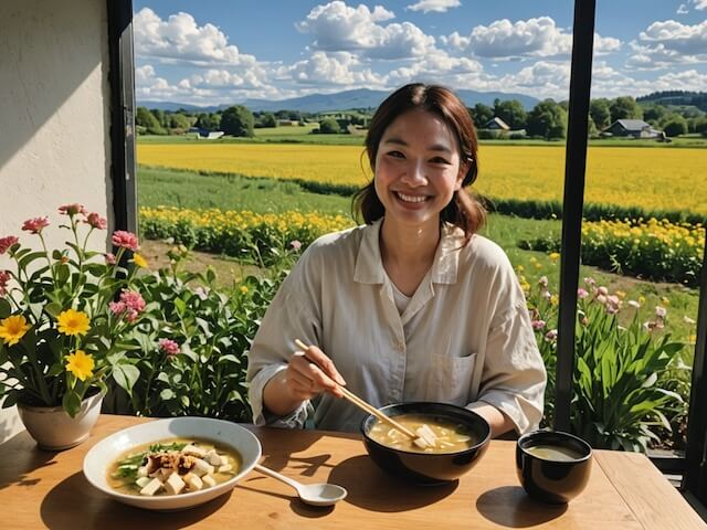 豆腐入り味噌汁を美味しそうに食べる女性