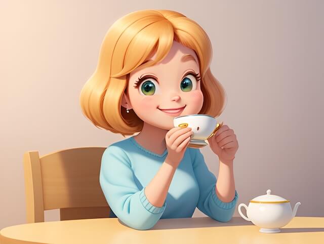 おやつ前に桑の葉茶を飲む女性