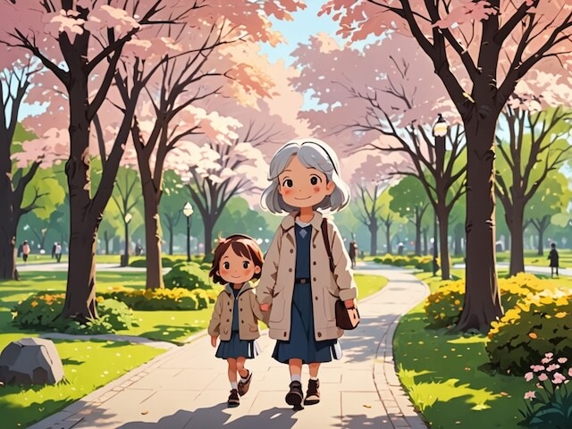 公園を散歩する祖母と孫