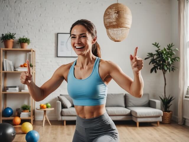部屋で運動するダイエット中の女性