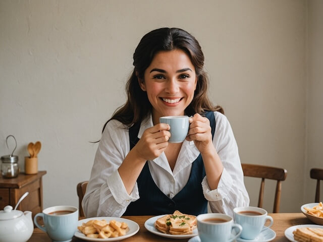 食事前に桑の葉茶を飲む女性
