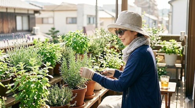 紫外線対策をしてハーブの手入れをする女性