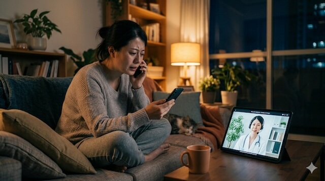 心のSOSで自宅でオンライン診療を受けている様子